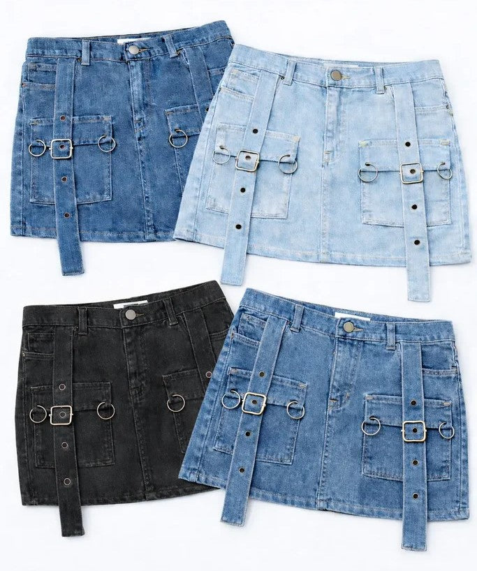 CR1302 Upcycled Denim Belted Mini Skirts – Ring Detail Rework (Multi Wash)