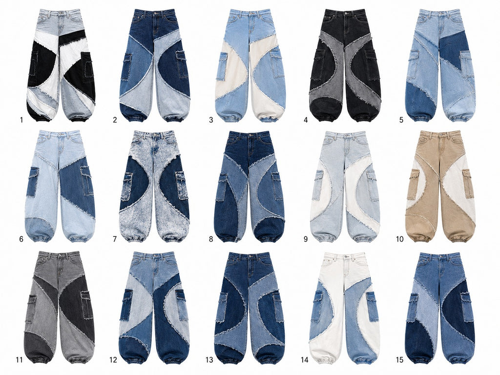 CR2205 UPCYCLED ABSTRACT PATCHWORK BAGGY DENIM JEANS
