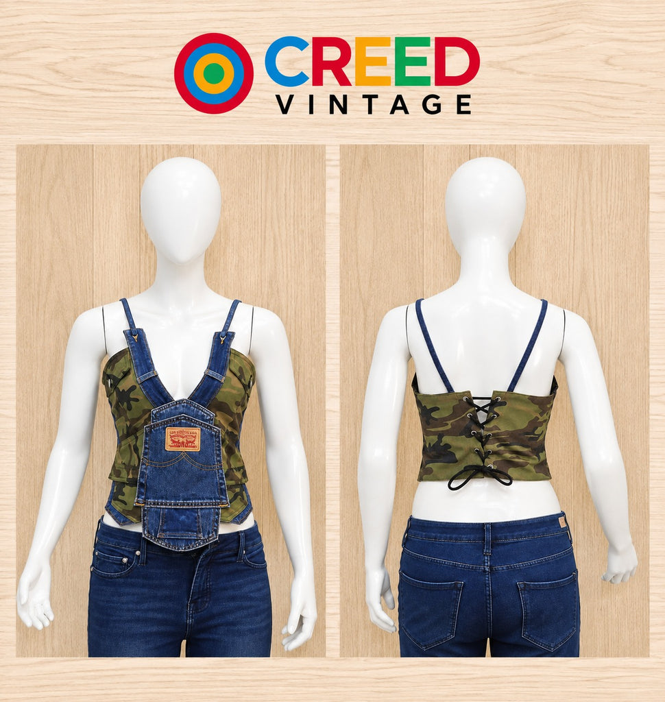 CR2300 UPCYCLED CAMO & DENIM OVERALL CORSET TOP