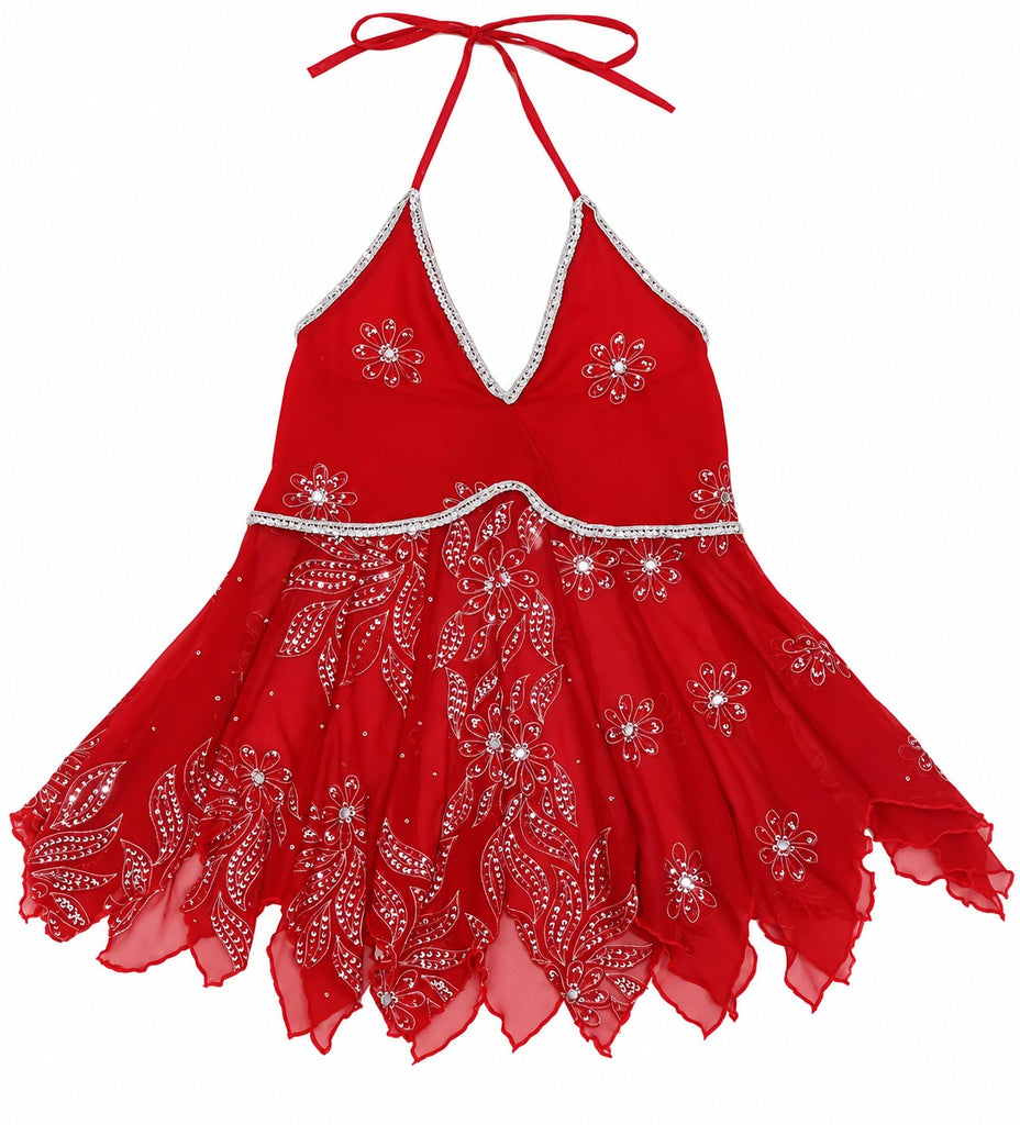 CR2304 UPCYCLED EMBELLISHED HALTER HANDKERCHIEF TOP