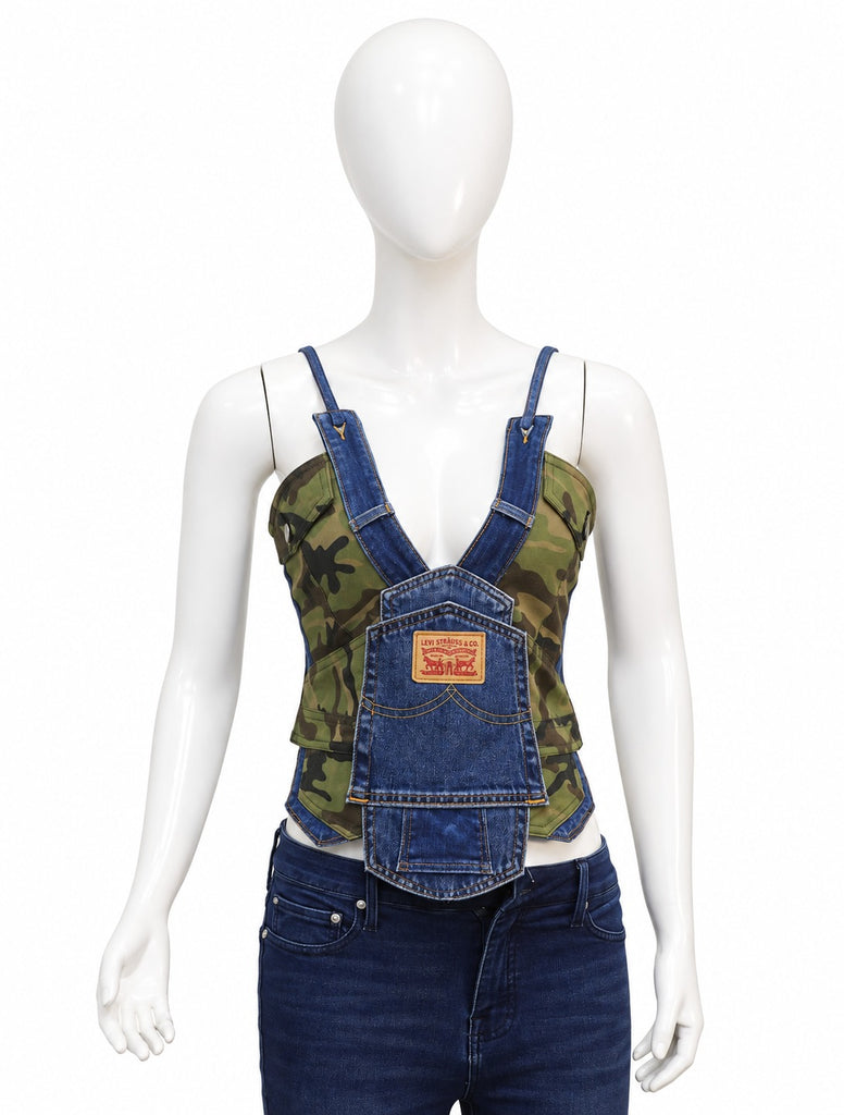 CR2300 UPCYCLED CAMO & DENIM OVERALL CORSET TOP