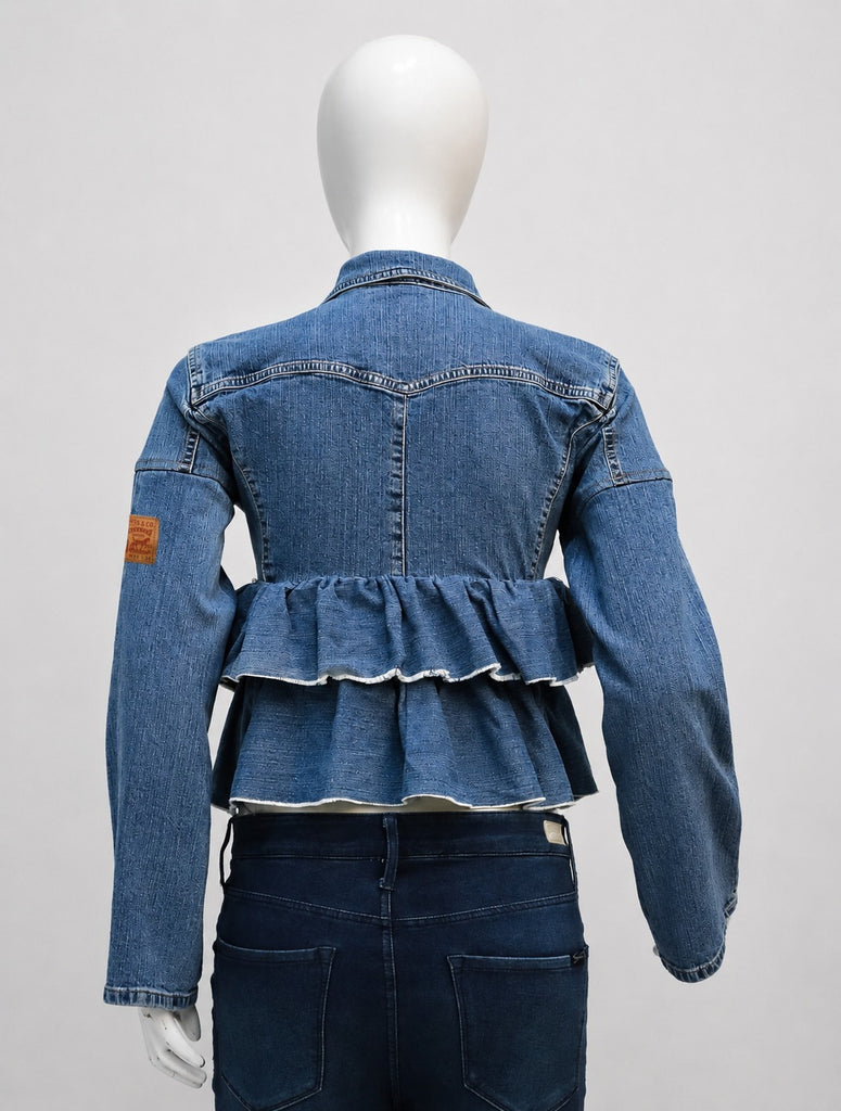 CR2226 UPCYCLED LEVI’S DOUBLE-RUFFLE PEPLUM DENIM JACKET