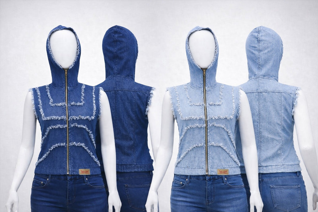 CR1386 Upcycled Raw Edge Denim Hooded Vest