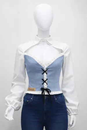 CR1288 -Upcycle Denim Corset Collar Top