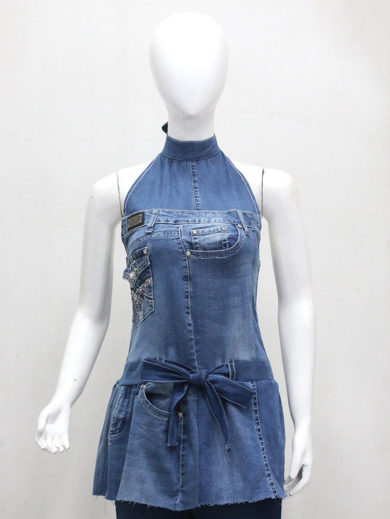 CR2279 UPCYCLED DENIM HALTER BOW DRESS