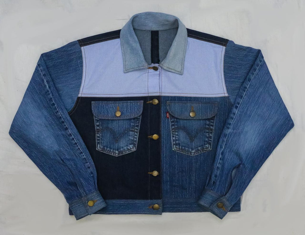 CR2264 UPCYCLED MIXED-FABRIC DENIM TRUCKER JACKET