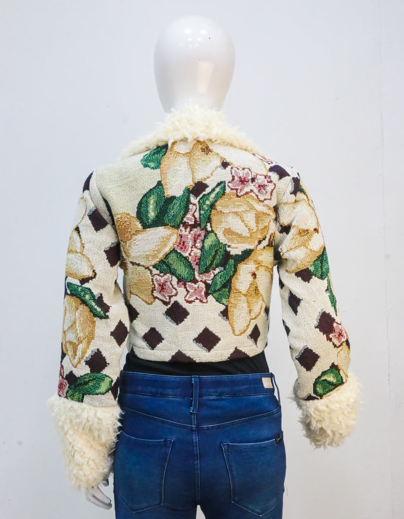 CR2290 UPCYCLED TAPESTRY & SHERPA CROP JACKET