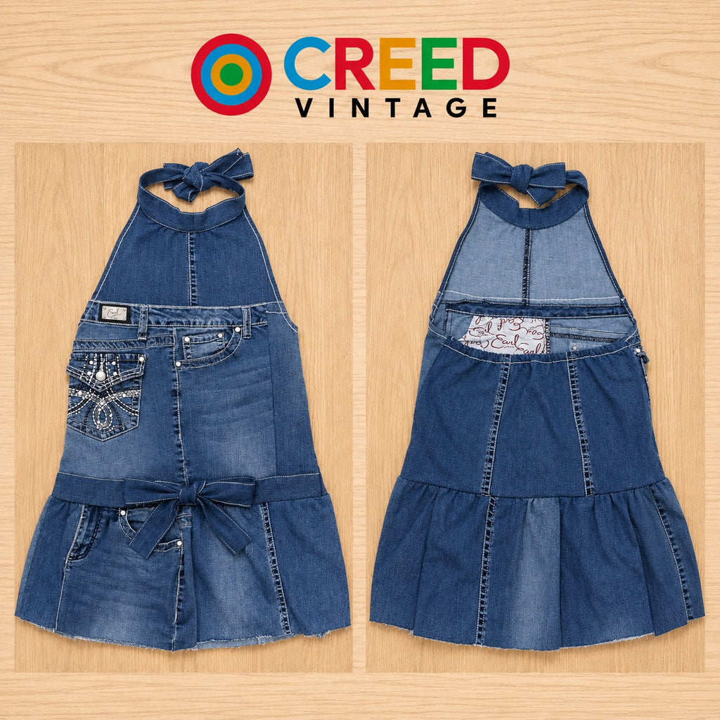 CR2279 UPCYCLED DENIM HALTER BOW DRESS