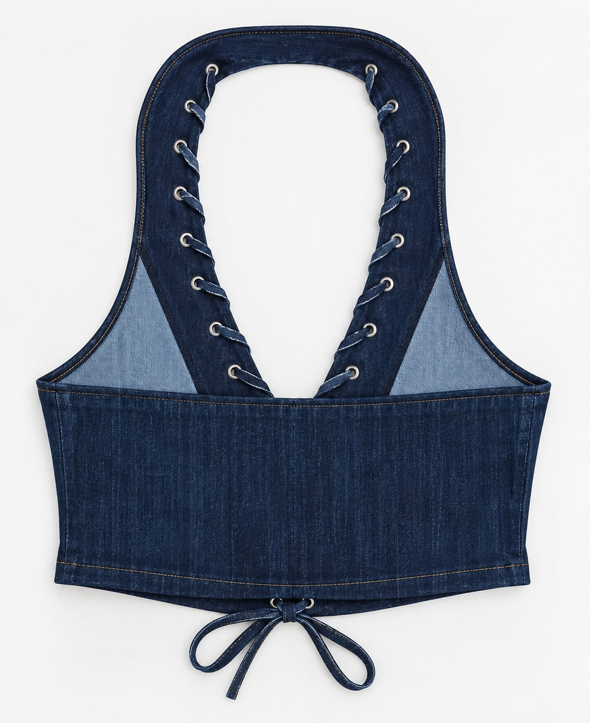 CR2276 UPCYCLED LACE-UP DENIM HALTER CORSET TOP