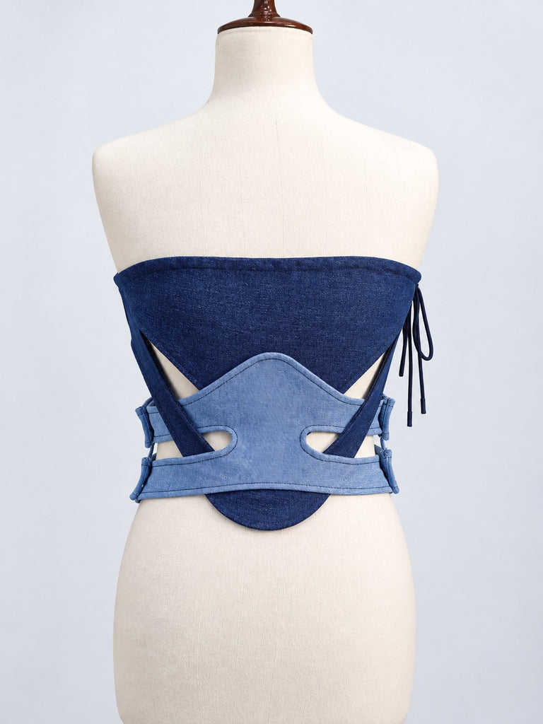 CR2287 UPCYCLED TWO-TONE DENIM WRAP CORSET TOP
