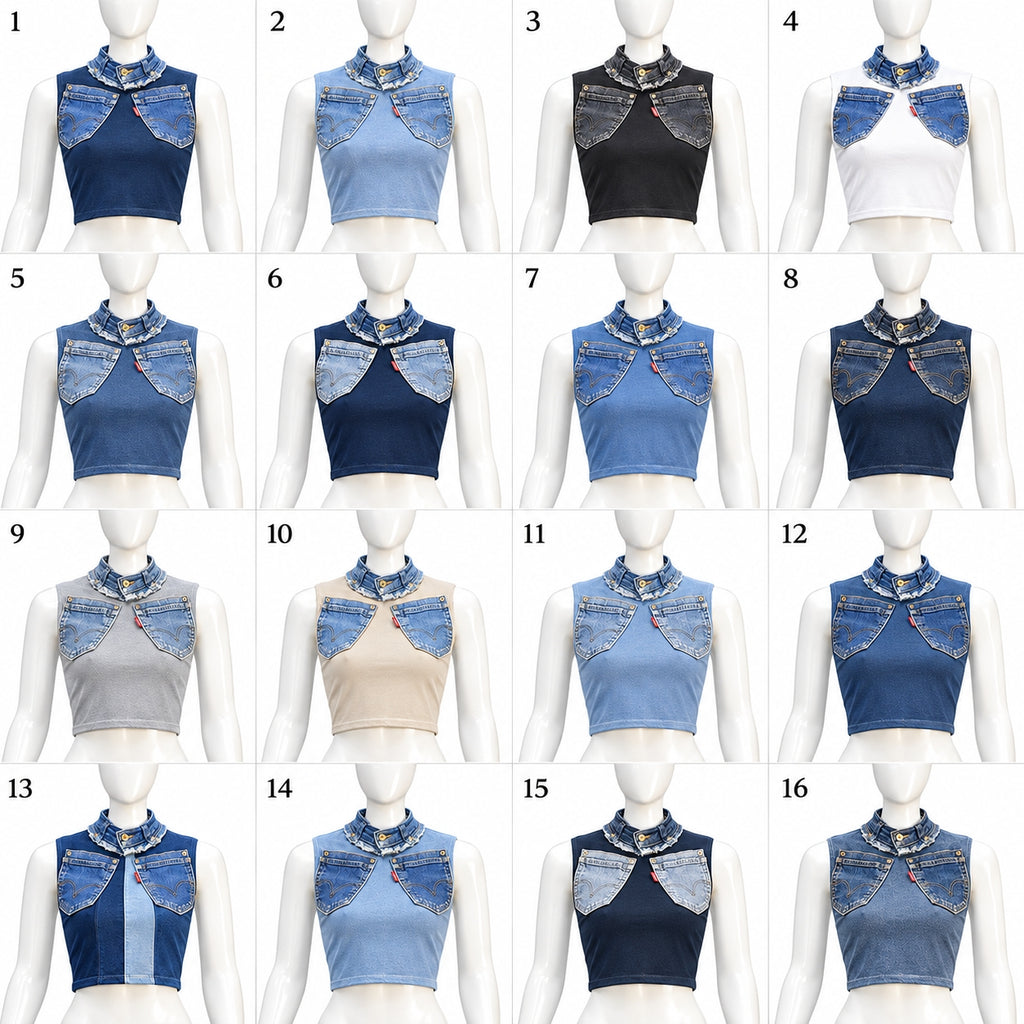 CR2275 UPCYCLED DENIM POCKET CROP TOP
