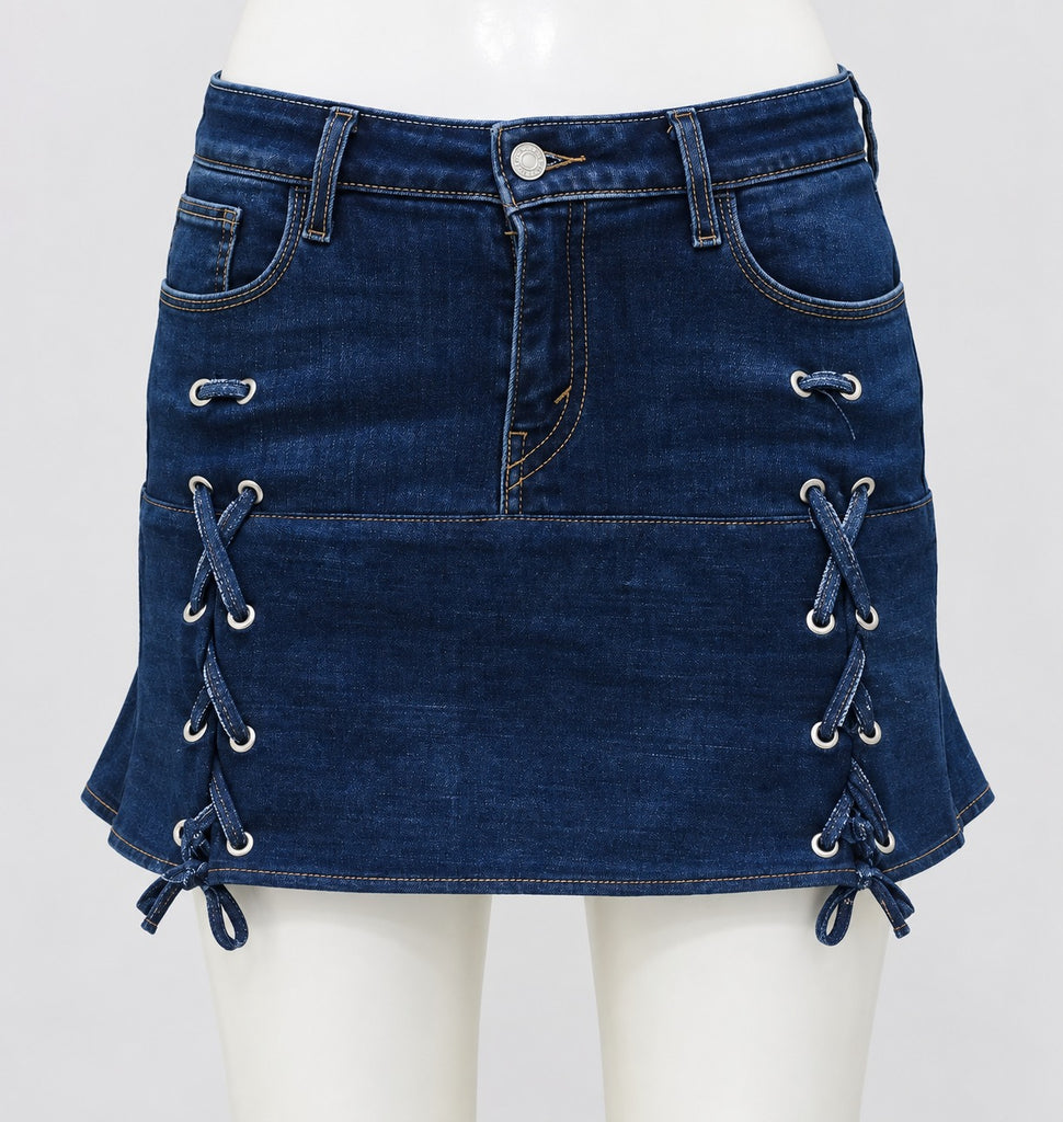 CR2277 UPCYCLED LACE-UP DENIM MINI SKIRT
