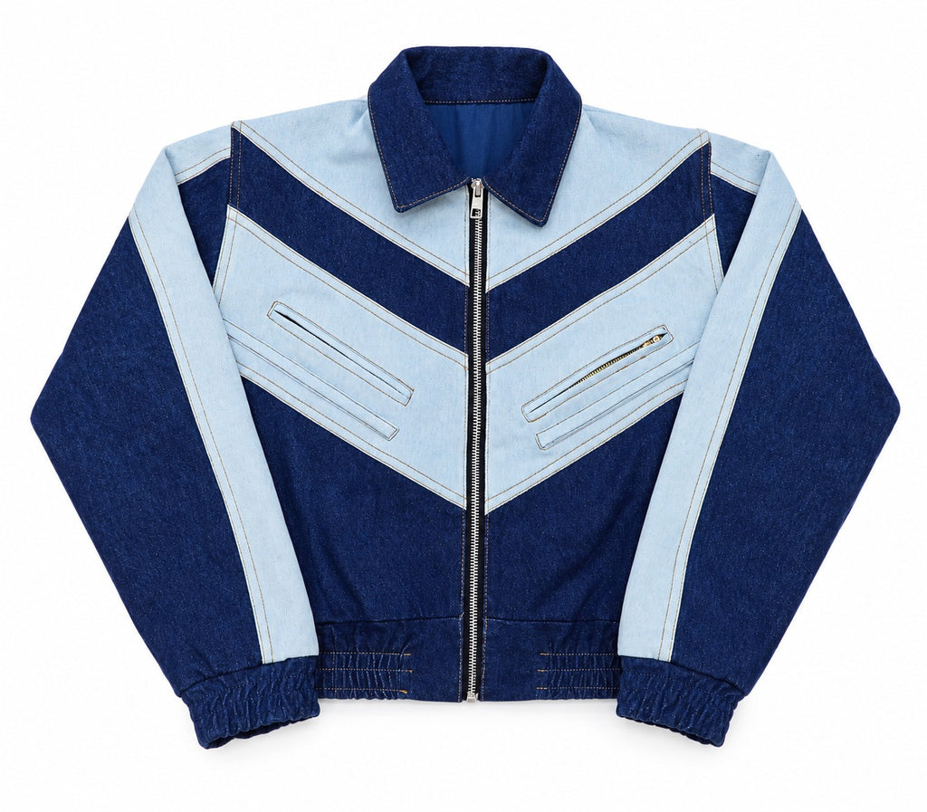 CR2301 UPCYCLED TWO-TONE CHEVRON DENIM ZIP JACKET