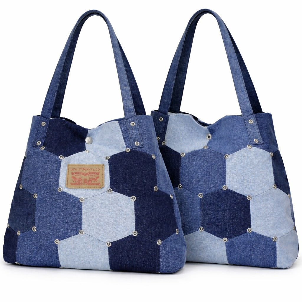 CR1420 Patchwork Denim Tote Bag – Hex Panel Rework Carry Bag