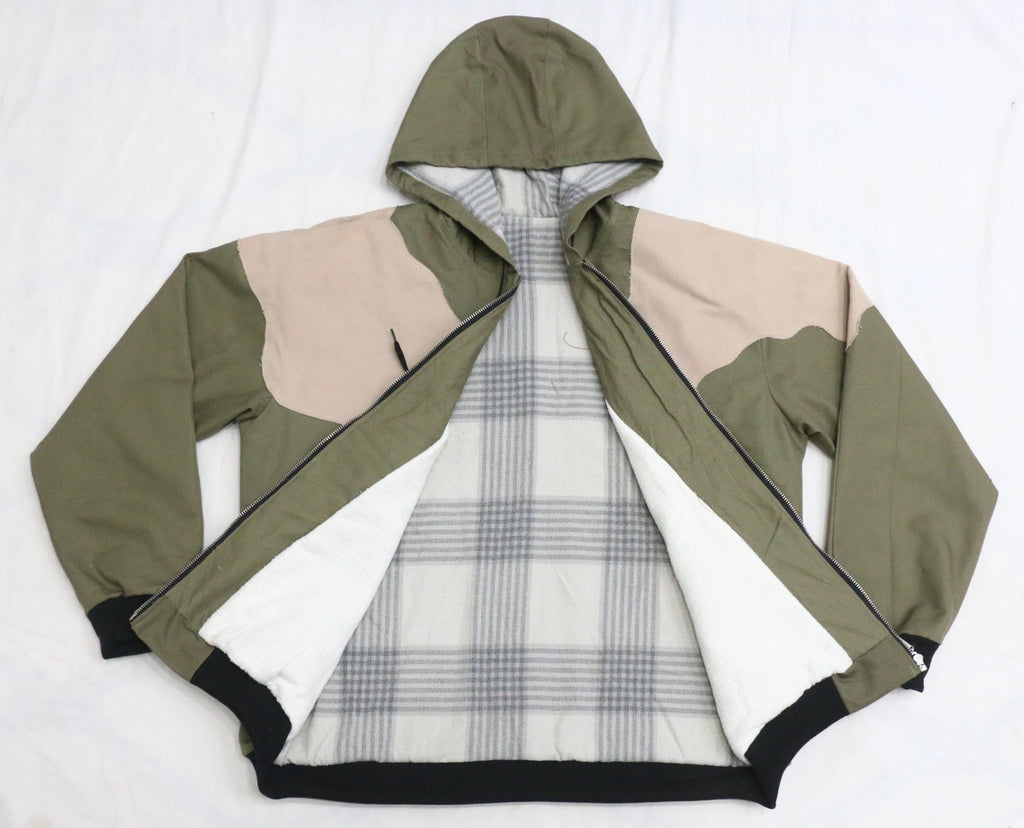 CR29 Rework Utility Hoodie Jacket – Olive Patchwork Zip-Up Workwear Style