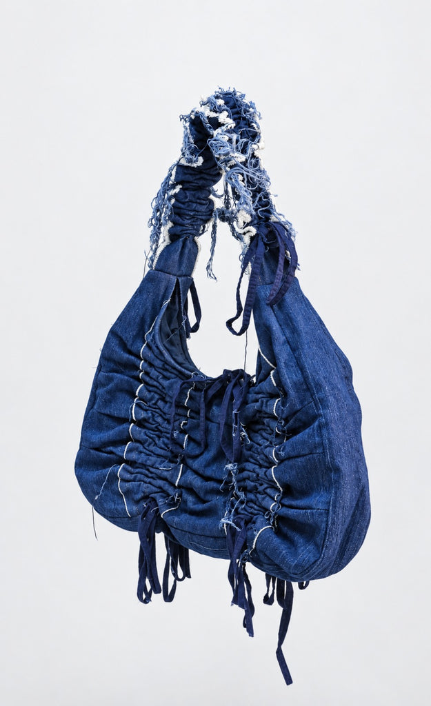 CR2263 UPCYCLED RUCHED DENIM HOBO BAG