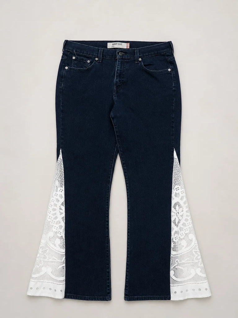 CR2220 UPCYCLED DENIM & LACE PANEL FLARE JEANS