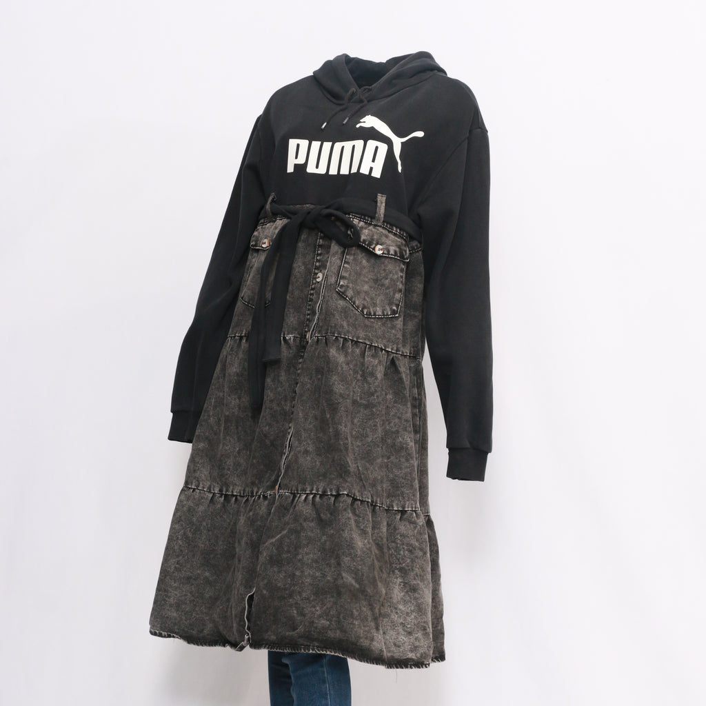 CR412 Ladies Reworked Denim Dress With Elegant Hood
