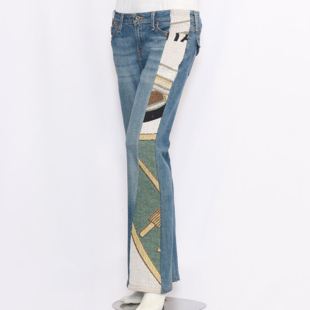 CR7070 Reworked Bell Bottom Flare Denim Jeans with Patchwork