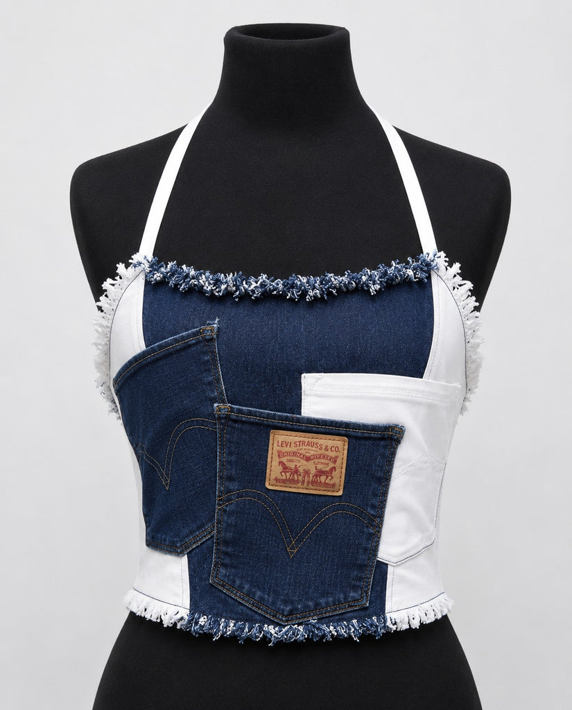 CR1822 UPCYCLED PATCHWORK HALTER CORSET TOP