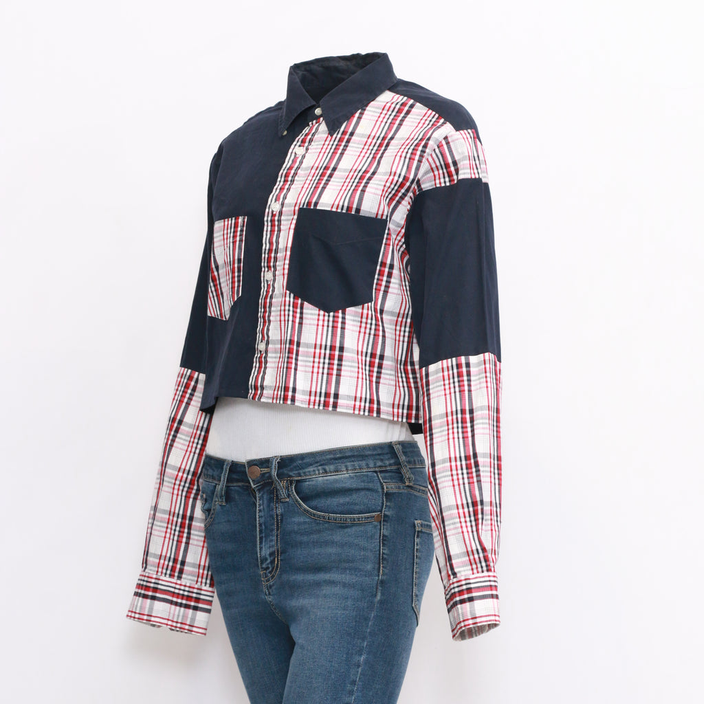 CR1037 Reworked Shirt Cropped With Check Print Patchs