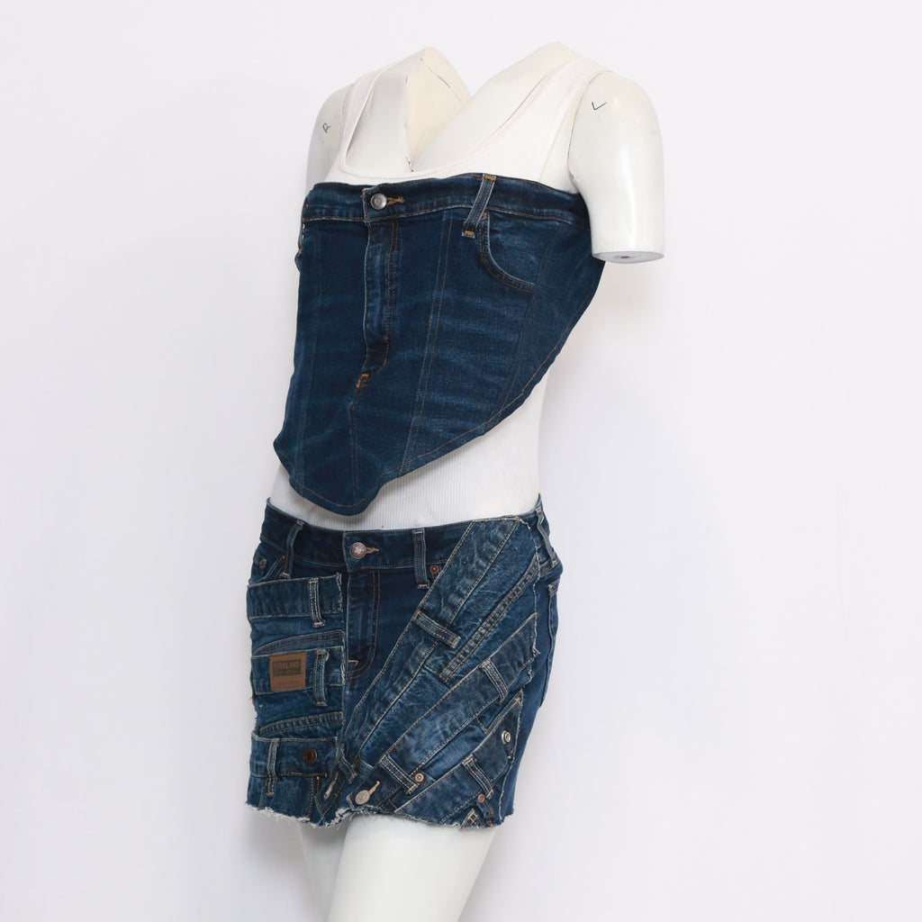 CR634 Reworked Denim Blouse and Mini Skirt Set