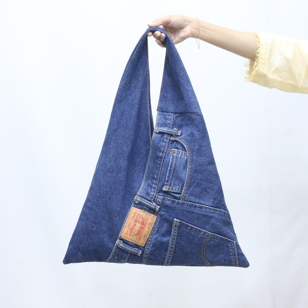 CR1031 Rework Denim Triangle Tote Bag – Upcycled Jeans Carry Bag