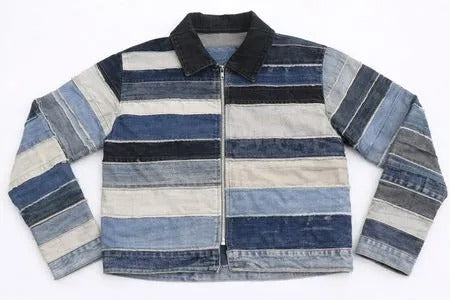 CR2058 Upcycled Striped Denim Zip Jacket
