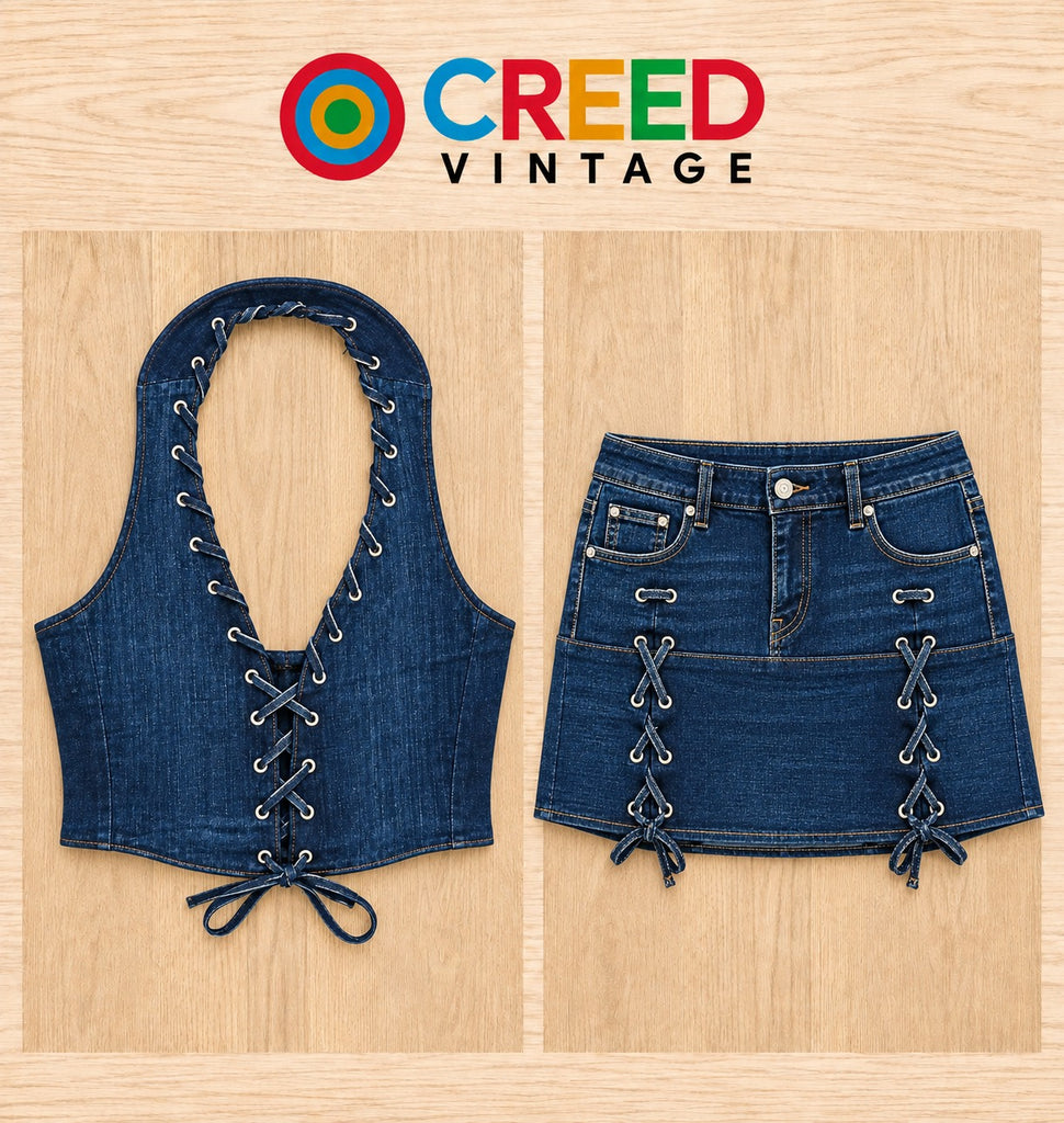 CR2278 UPCYCLED LACE-UP DENIM CO-ORD SET