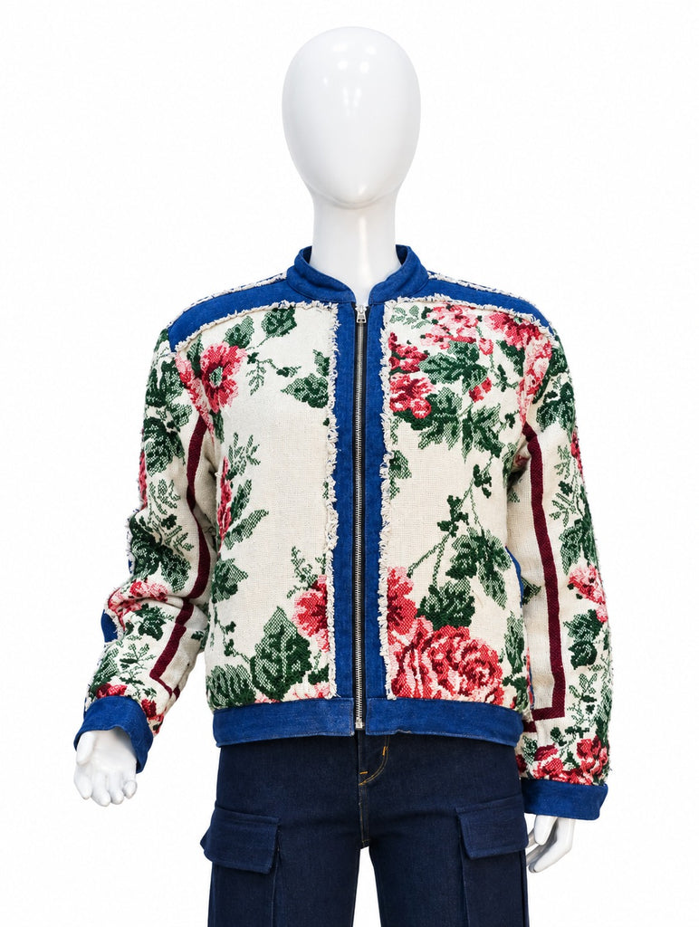 CR2303 UPCYCLED DENIM & FLORAL TAPESTRY ZIP JACKET