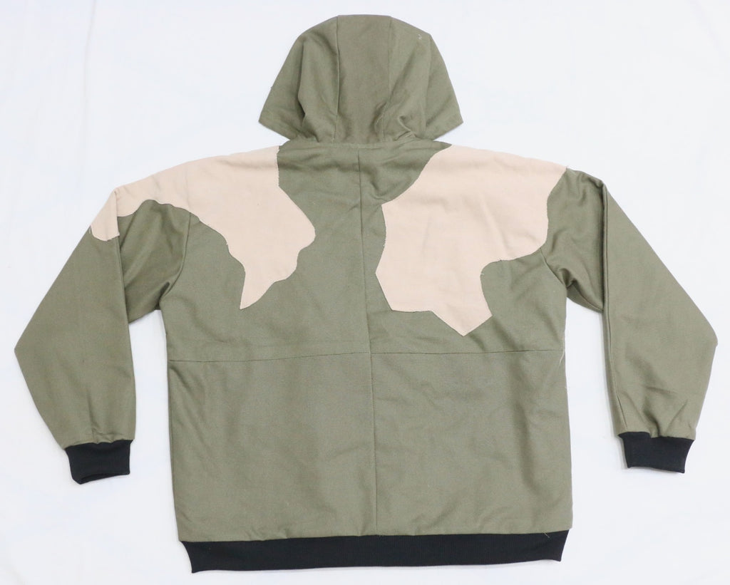 CR29 Rework Utility Hoodie Jacket – Olive Patchwork Zip-Up Workwear Style