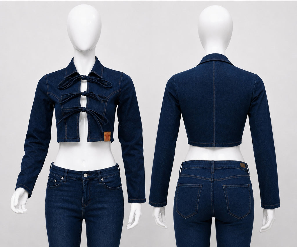 CR1823 UPCYCLED TIE-FRONT DENIM CROP JACKET