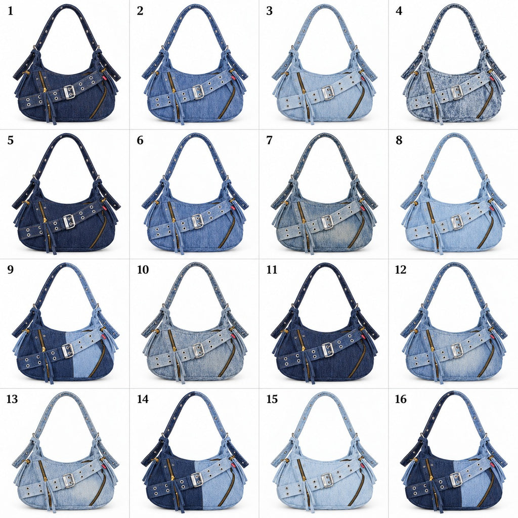 CR2305 UPCYCLED DENIM ZIP & BUCKLE SHOULDER BAG