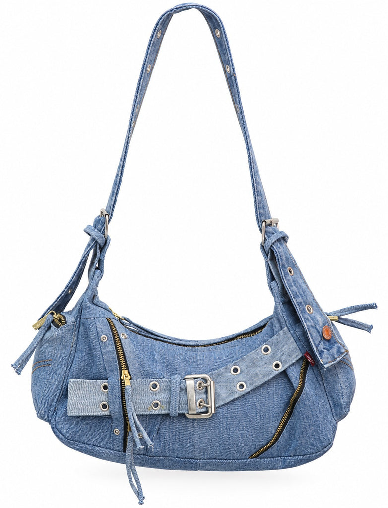 CR2305 UPCYCLED DENIM ZIP & BUCKLE SHOULDER BAG