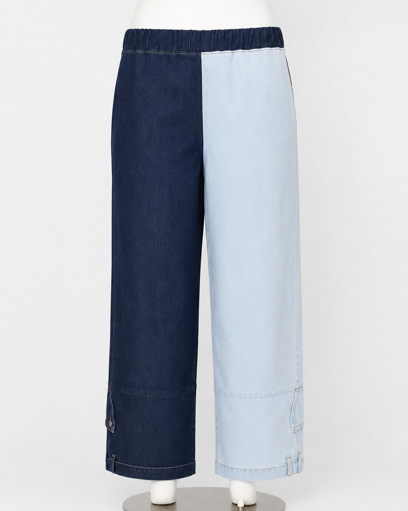 CR2223 UPCYCLED TWO-TONE DENIM WIDE-LEG PANTS