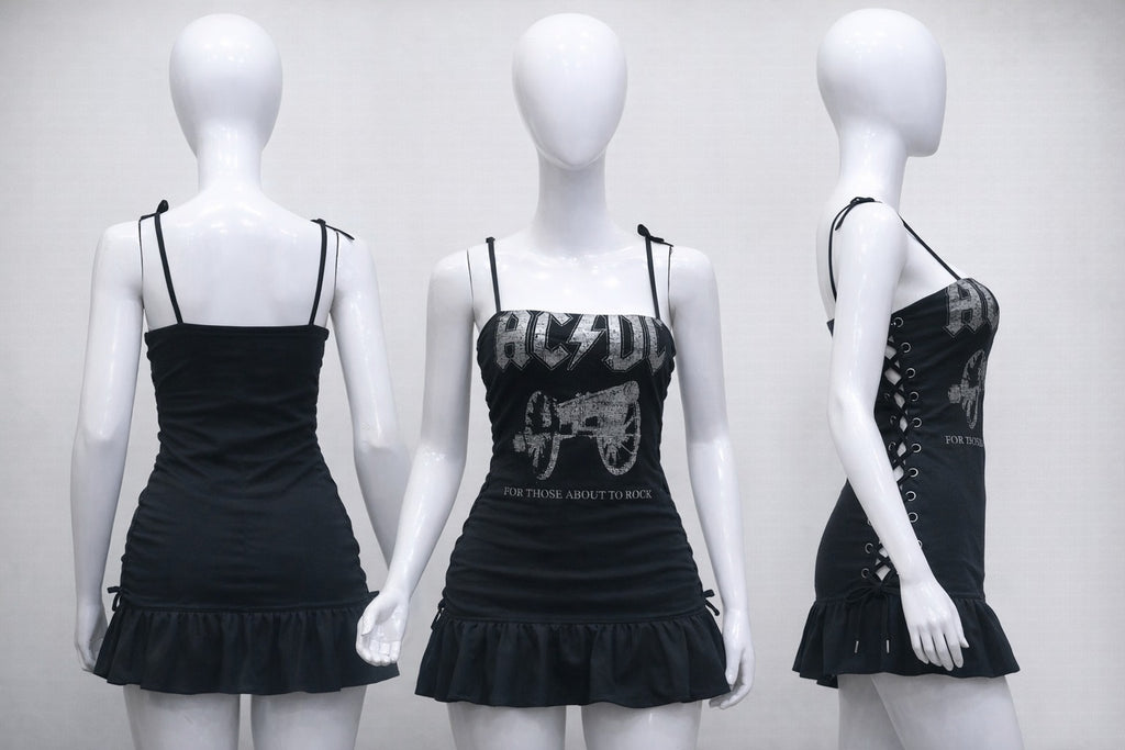 CR1408 Reworked Graphic Ruched Mini Dress with Ruffle Hem
