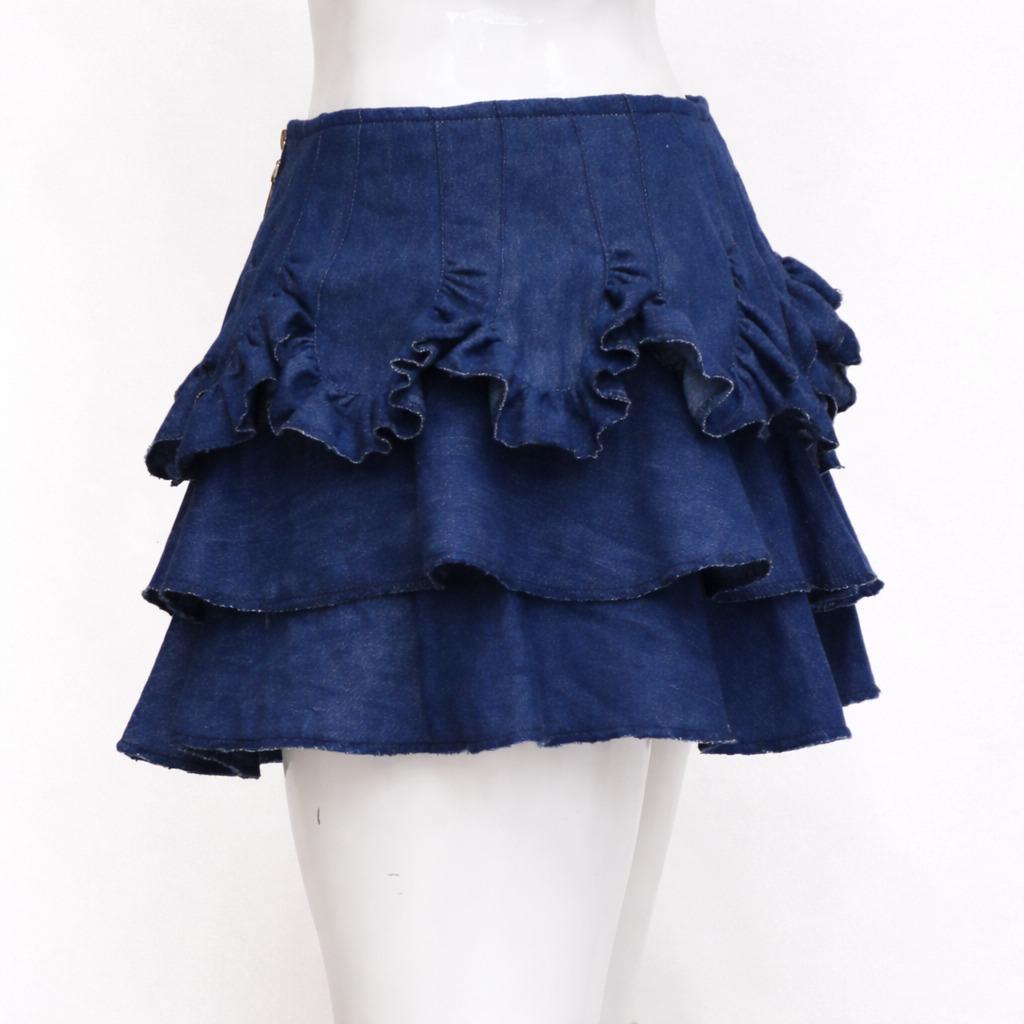 CR1405 Ruffle Layer Denim Mini Skirt
