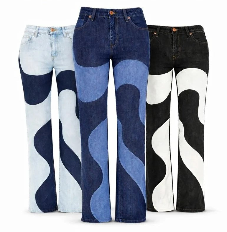 CR1235 Rework Wave Panel Flare Jeans – Multi Tone Denim Patchwork