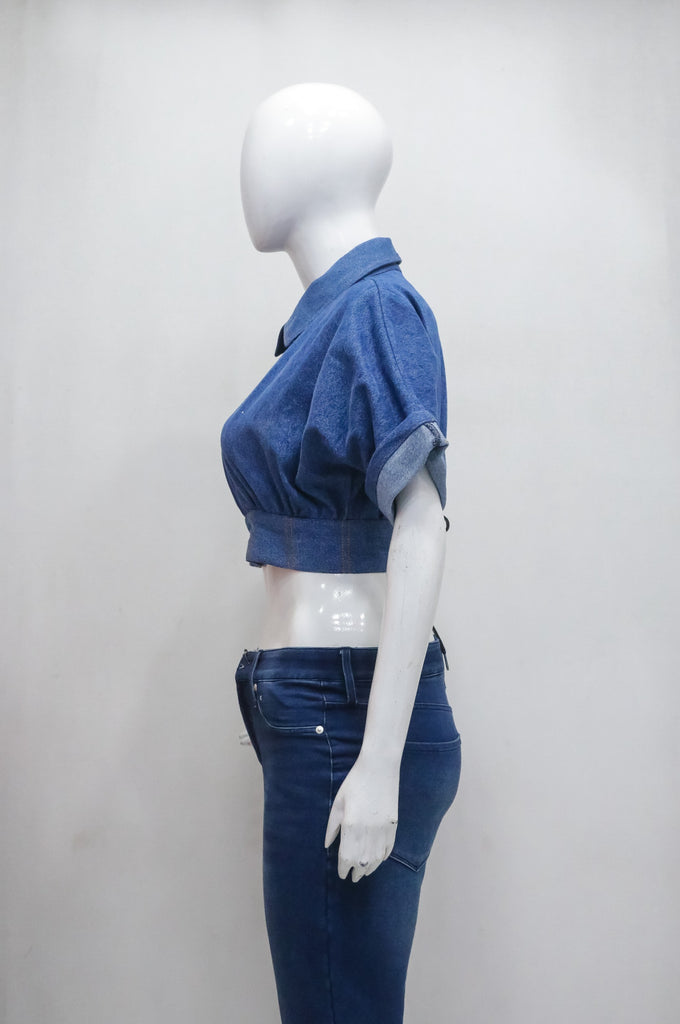 CR2218 UPCYCLED DENIM CROPPED ZIP BLOUSE