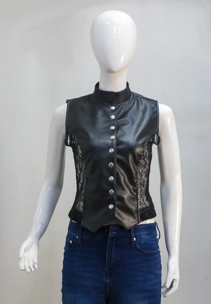 CR2267 UPCYCLED FAUX LEATHER & LACE CORSET VEST