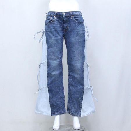 CR1266 Upcycled Lace-Tie Flare Denim Pants