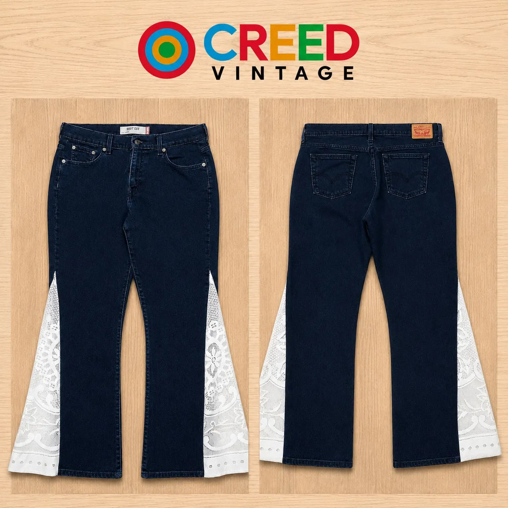 CR2220 UPCYCLED DENIM & LACE PANEL FLARE JEANS