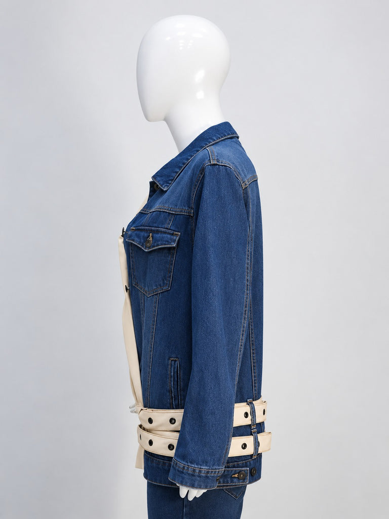 CR2269 UPCYCLED DENIM & SUITING HYBRID BELTED JACKET
