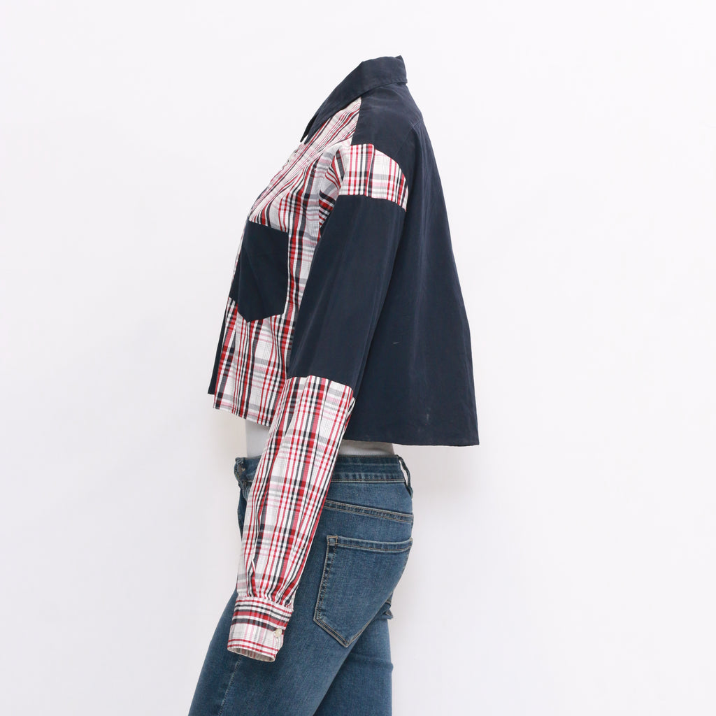CR1037 Reworked Shirt Cropped With Check Print Patchs