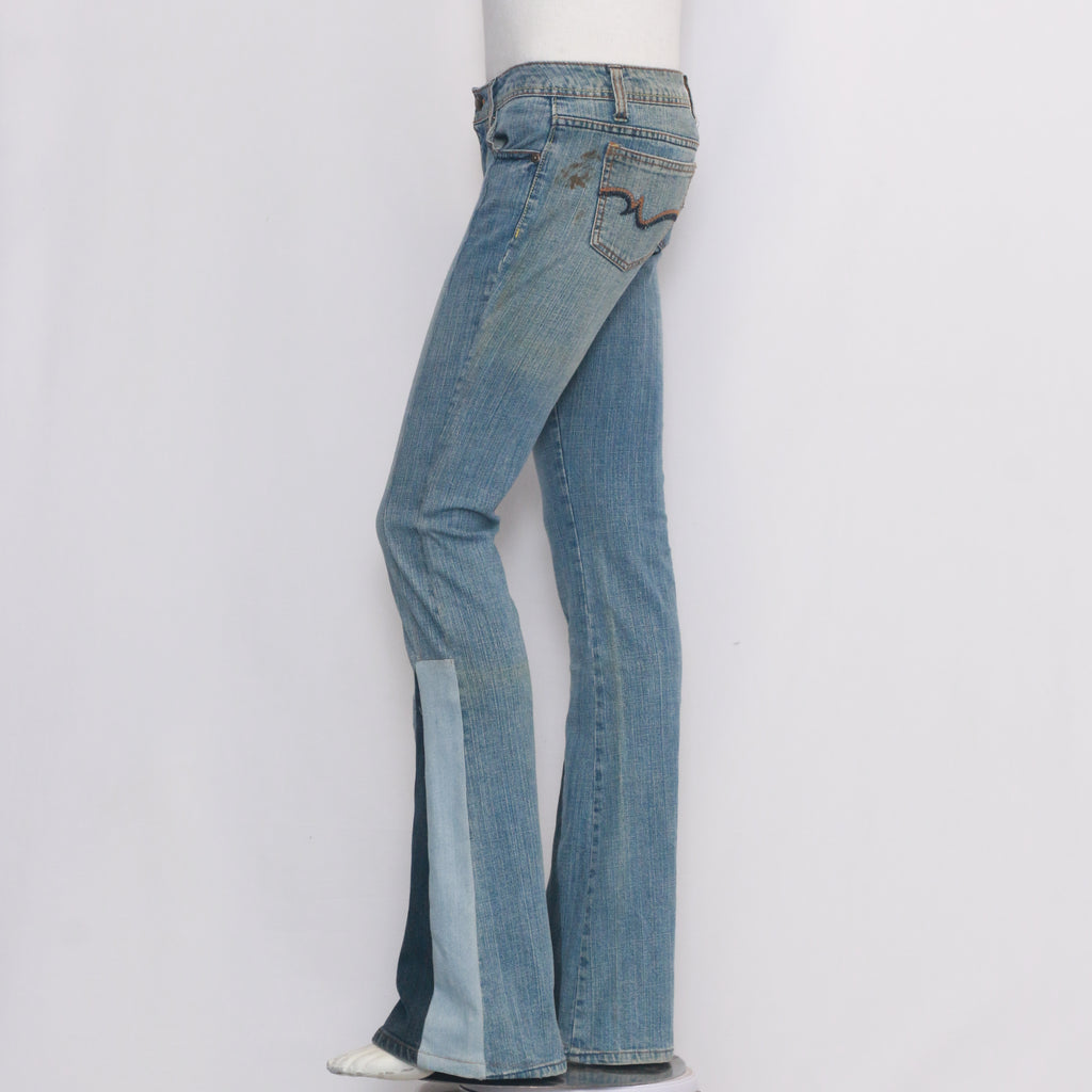 CR073 Reworked Triangle Patch Denim Flared Pants for Ladies