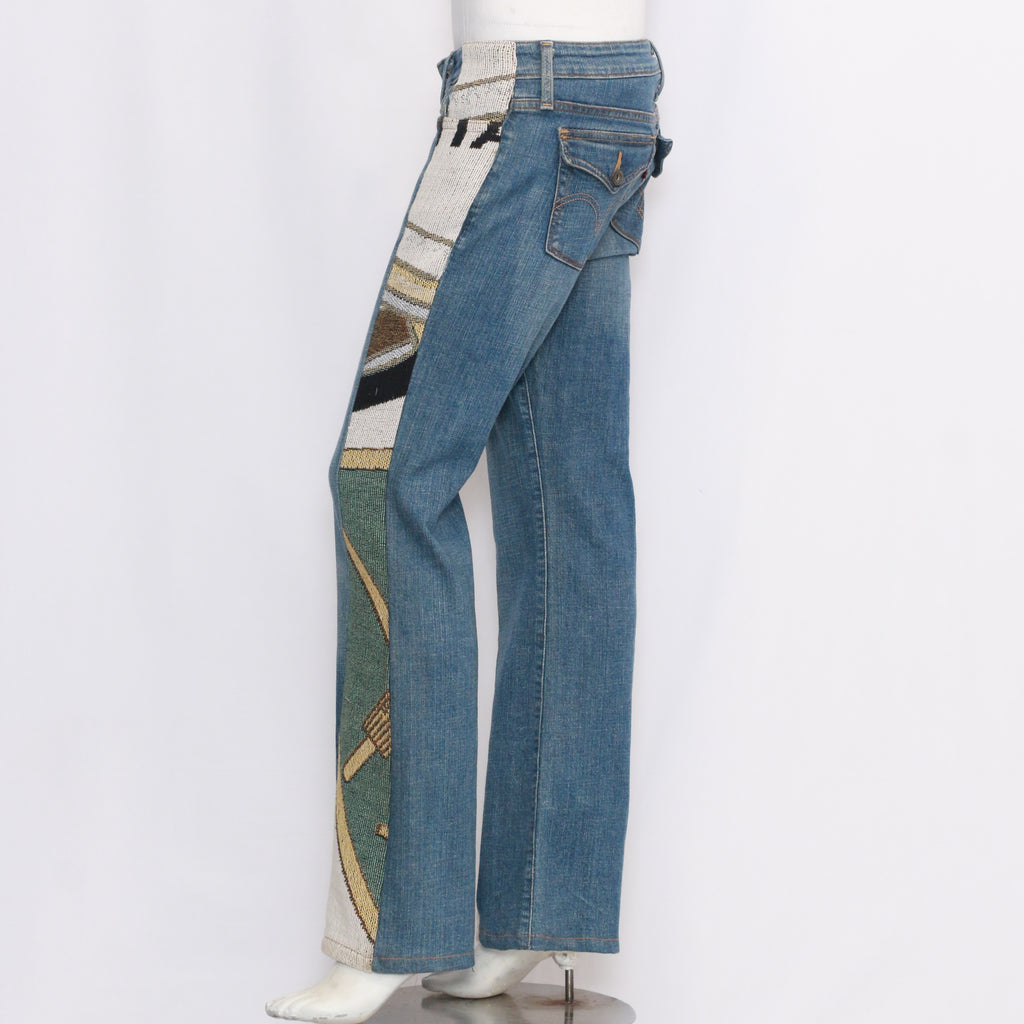 CR7070 Reworked Bell Bottom Flare Denim Jeans with Patchwork