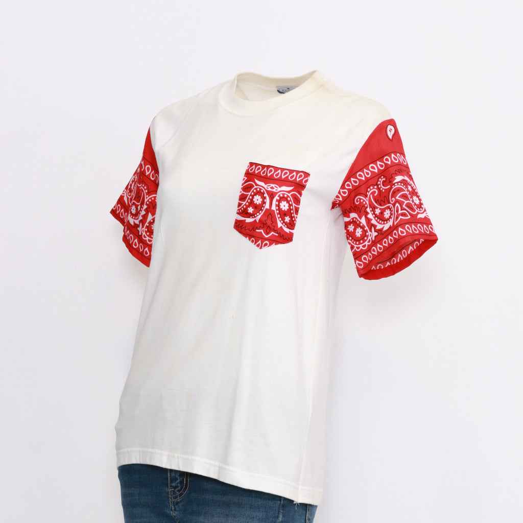 CR877 Men's White Shirt with Reworked Bandana Pockets and Sleeves