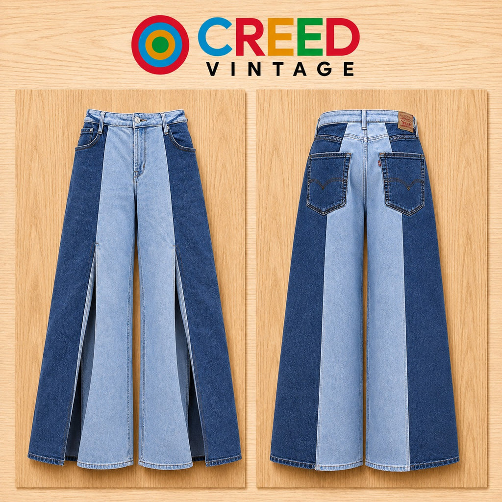 CR2202 UPCYCLED TWO-TONE DENIM PANEL WIDE-LEG JEANS