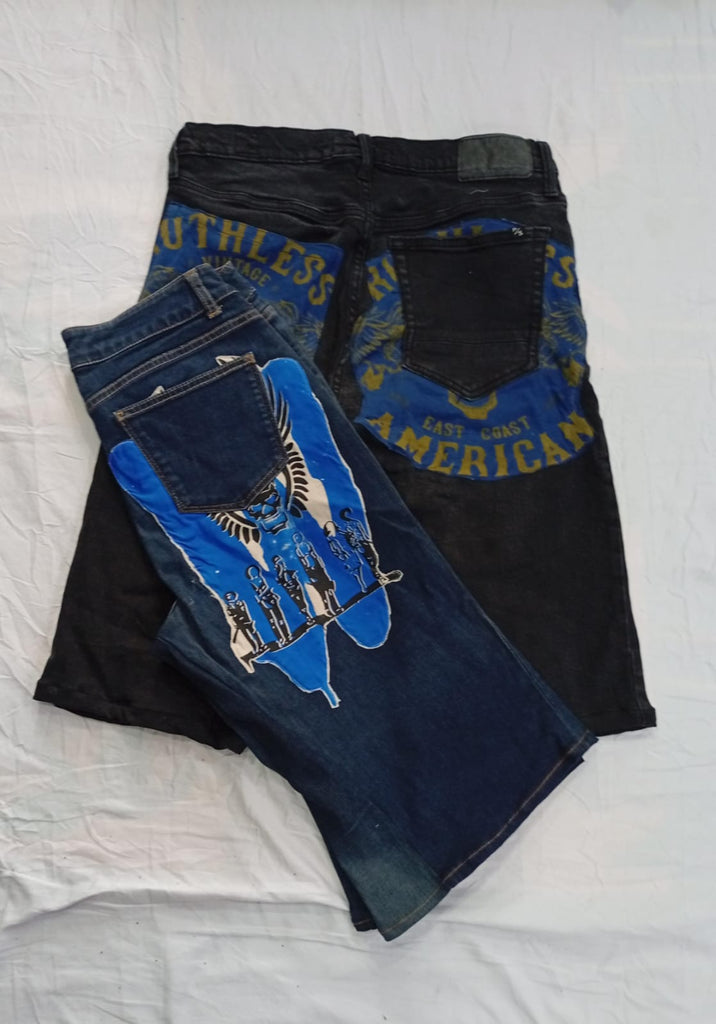 CR12480 Upcycled Printed Denim Shorts