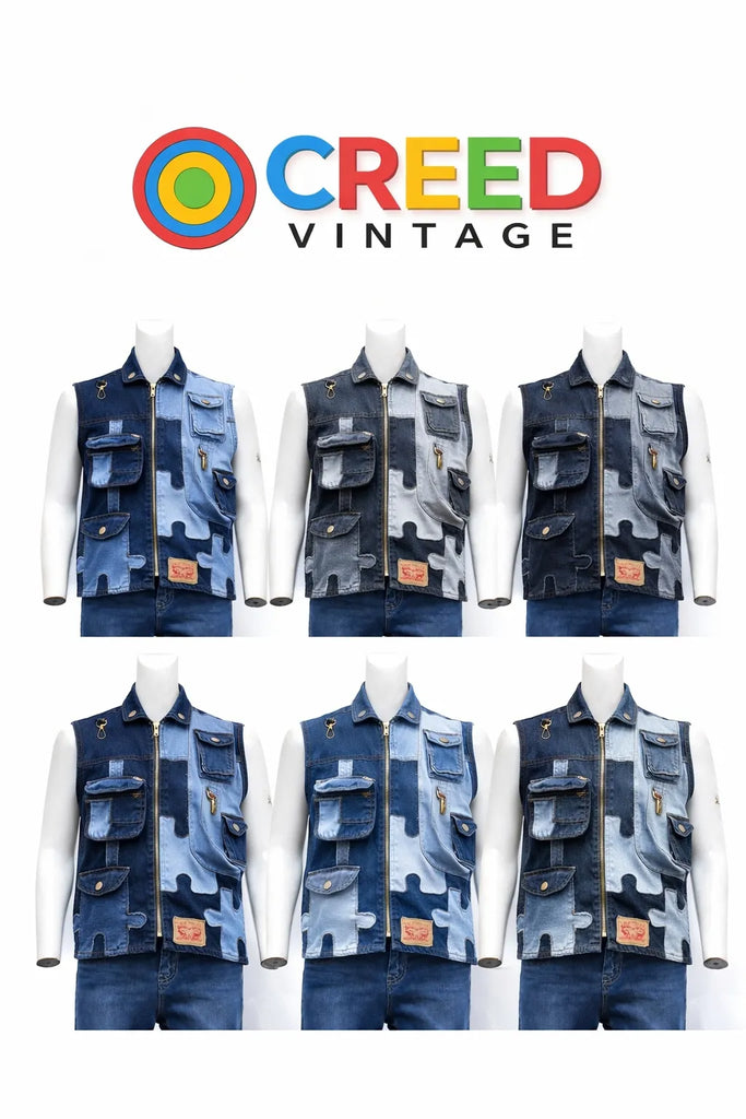 CR-1177 Upcycled Levi's Patchwork Denim Utility Vest – Multi Pocket Rework (Puzzle Panel Design)